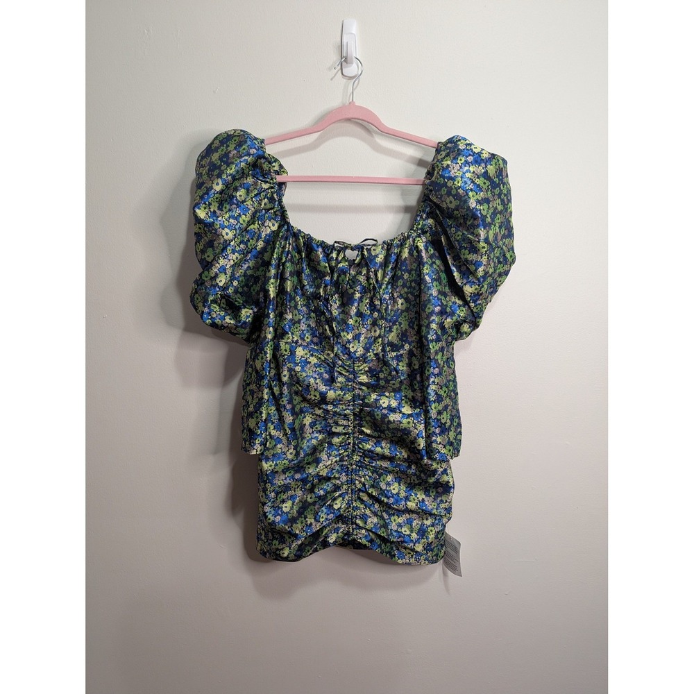 ASOS Luxe Womens Floral Jacquard Puff Sleeve Ruched Dress Blue Green US 6 NEW
